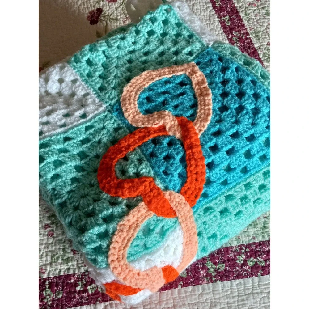 Handmade Crochet Granny Square Blanket Teal White Checkered Interlocking Hearts